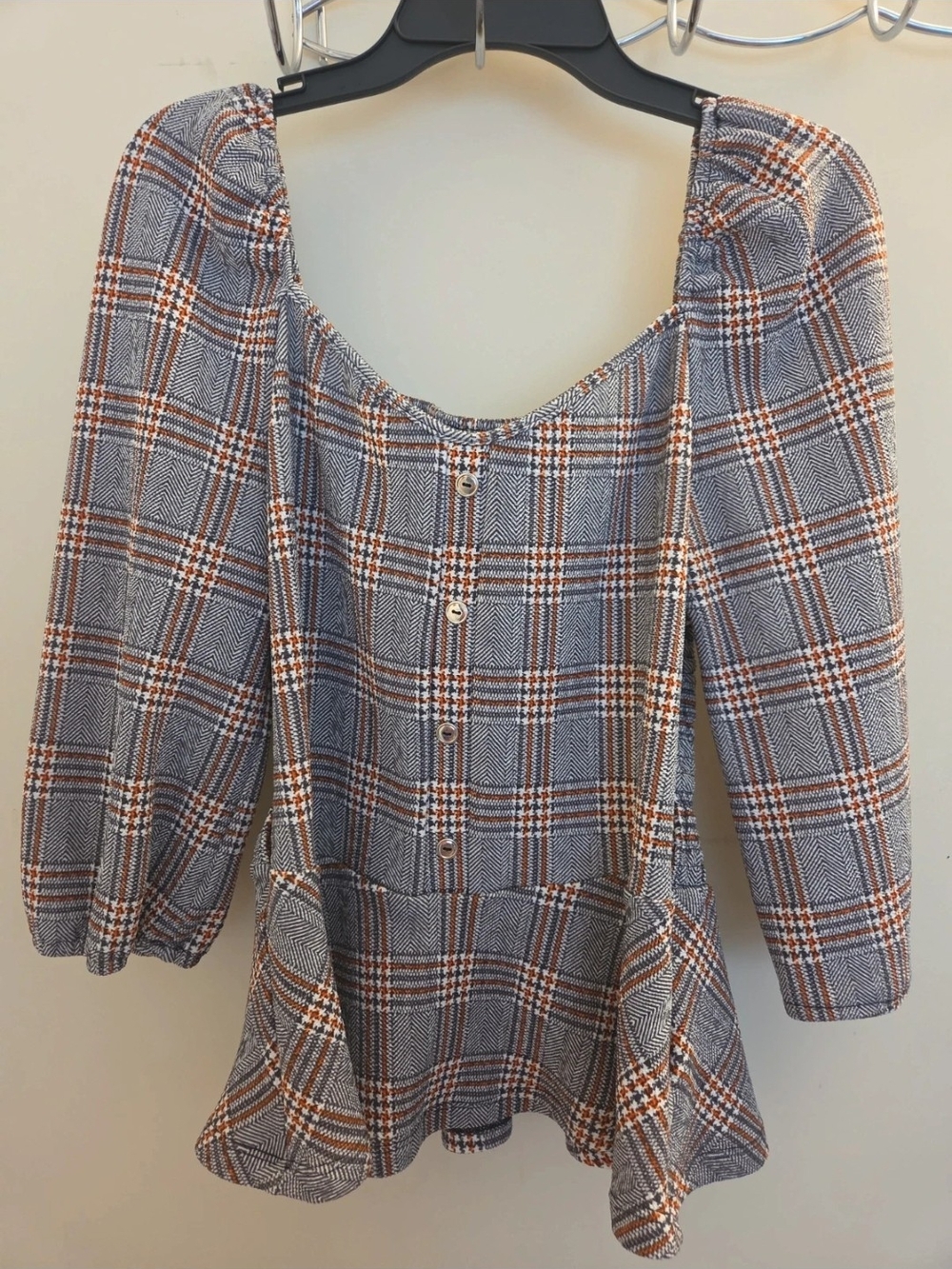Plaid Peplum Button-Front Women’s Top in Gray and Brown